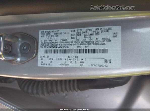 1FMCU0G60LUB84327 2020 FORD ESCAPE Silver Շարժիչի բաժամունքի տեսք
