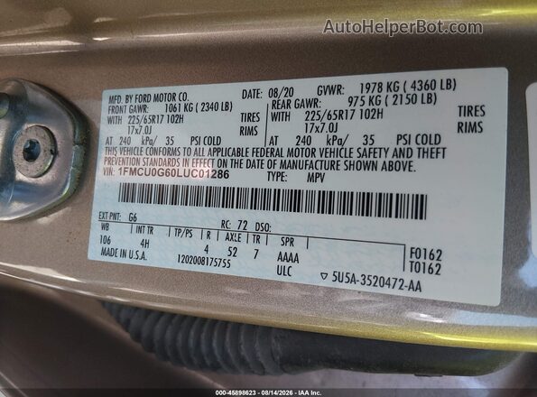 1FMCU0G60LUC01286 2020 FORD ESCAPE Gold Вид підкапотного простору