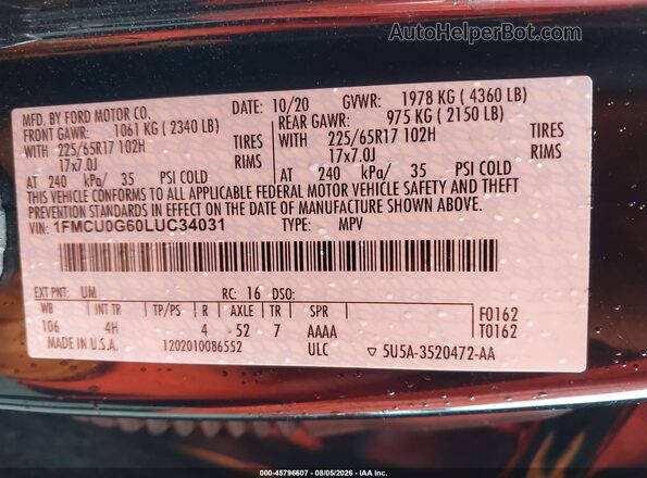 1FMCU0G60LUC34031 2020 FORD ESCAPE Black ძრავის განყოფილების ხედი