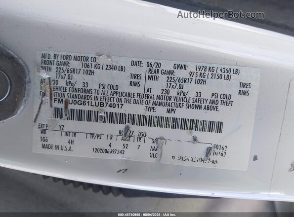 1FMCU0G61LUB74017 2020 FORD ESCAPE White Vista del compartimento del motor