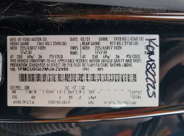1FMCU0G62MUA22989 2021 FORD ESCAPE Black Widok naklejki z numerem VIN