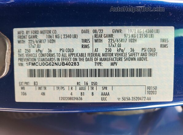 1FMCU0G62NUB40283 2022 FORD ESCAPE Blue სალონის 360-გრადუსიანი ხედი