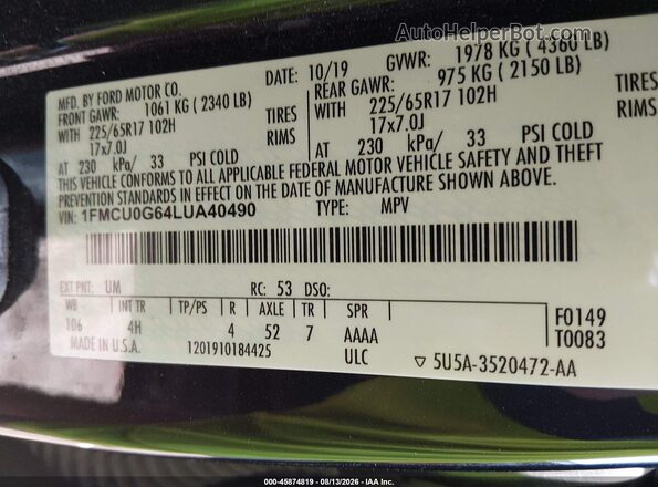 1FMCU0G64LUA40490 2020 FORD ESCAPE Black Widok komory silnika