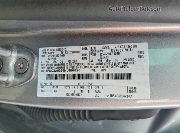 1FMCU0G64NUB96726 2022 FORD ESCAPE Gray Вид наклейки з VIN-кодом