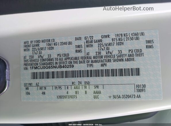 1FMCU0G65NUB40259 2022 FORD ESCAPE White ძრავის განყოფილების ხედი