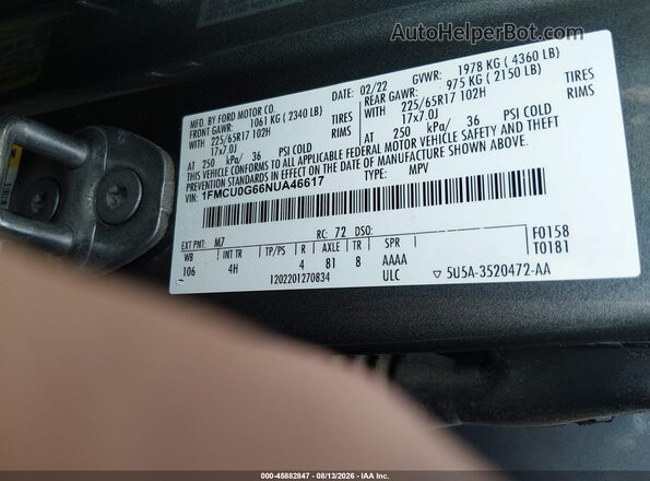 1FMCU0G66NUA46617 2022 FORD ESCAPE Gray Շարժիչի բաժամունքի տեսք