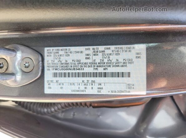 1FMCU0G66NUB34633 2022 FORD ESCAPE Gray 360 interior view