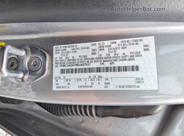 1FMCU0G67MUA07937 2021 FORD ESCAPE White VIN sticker view