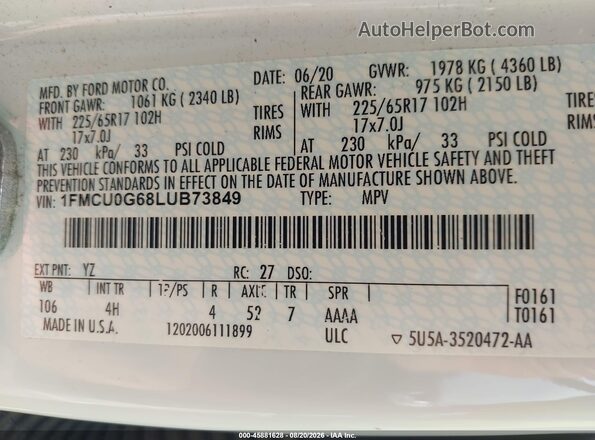 1FMCU0G68LUB73849 2020 FORD ESCAPE White Vista del compartimento del motor