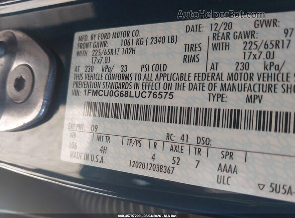 1FMCU0G68LUC76575 2020 FORD ESCAPE Blue Շարժիչի բաժամունքի տեսք