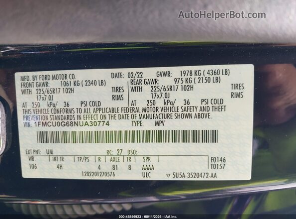 1FMCU0G68NUA30774 2022 FORD ESCAPE Black Vista del compartimento del motor