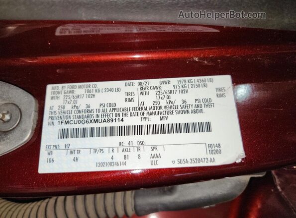 1FMCU0G6XMUA89114 2021 FORD ESCAPE Brown Widok naklejki z numerem VIN