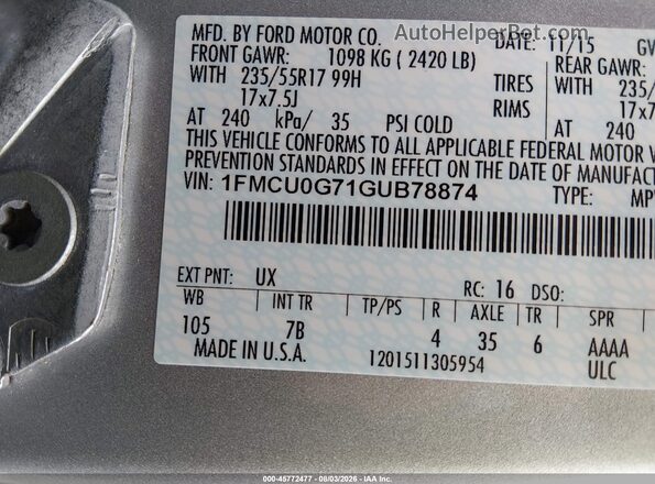 1FMCU0G71GUB78874 2016 FORD ESCAPE Серебряный Вид подкапотного пространства