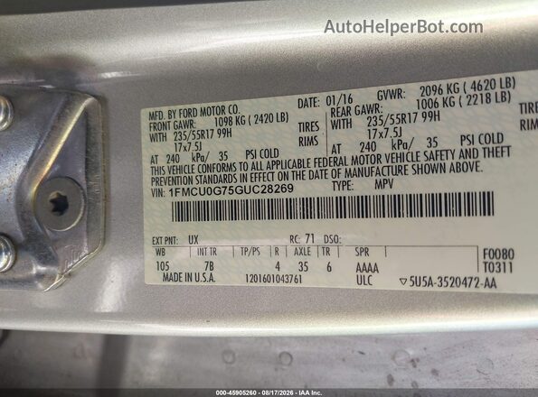 1FMCU0G75GUC28269 2016 FORD ESCAPE Silver Engine compartment view