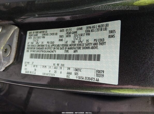 1FMCU0G76GUA43471 2016 FORD ESCAPE Gray Widok komory silnika