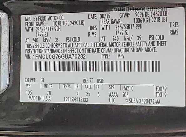 1FMCU0G76GUA70282 2016 FORD ESCAPE Black VIN კოდის სტიკერის ხედი