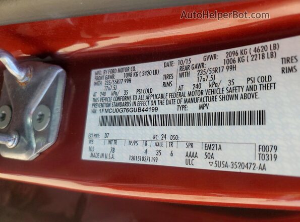1FMCU0G76GUB44199 2016 FORD ESCAPE Коричневый Вид наклейки с VIN-кодом