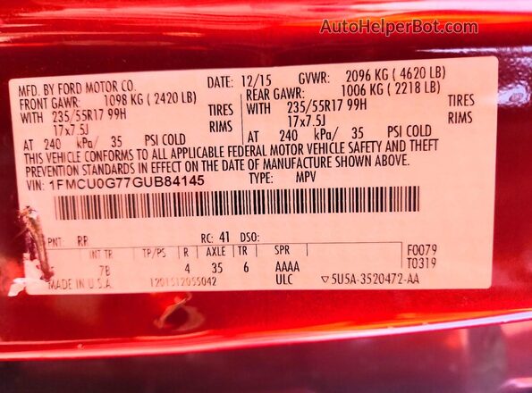 1FMCU0G77GUB84145 2016 FORD ESCAPE Темно-бордовый Вид наклейки с VIN-кодом