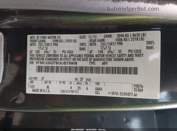 1FMCU0G78GUB79908 2016 FORD ESCAPE Gray Widok komory silnika