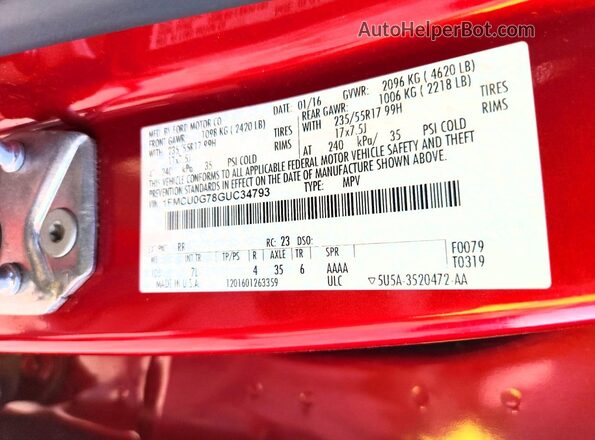 1FMCU0G78GUC34793 2016 FORD ESCAPE Red Вид наклейки з VIN-кодом