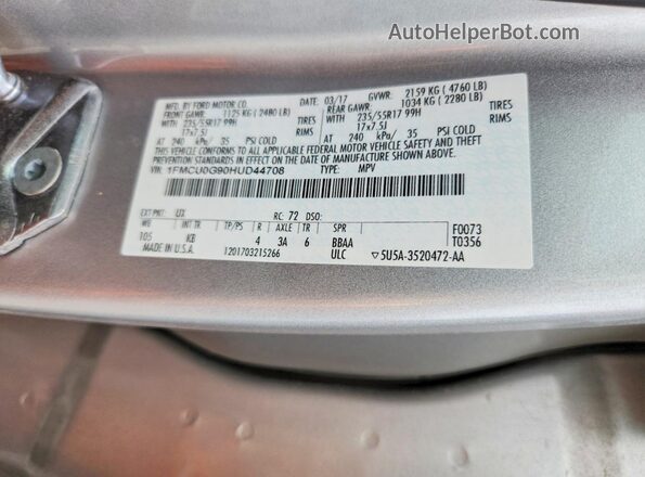 1FMCU0G90HUD44708 2017 FORD ESCAPE Silver 