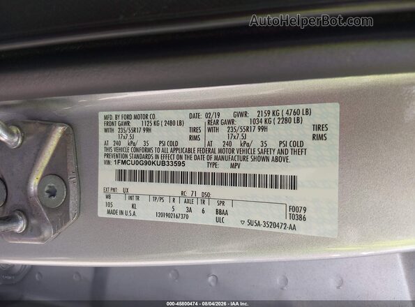 1FMCU0G90KUB33595 2019 FORD ESCAPE Серебряный Вид подкапотного пространства