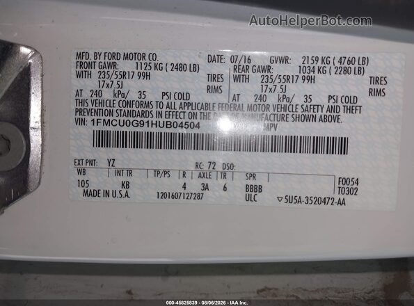 1FMCU0G91HUB04504 2017 FORD ESCAPE White Вид підкапотного простору
