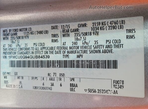 1FMCU0G94GUB84539 2016 FORD ESCAPE Silver Widok naklejki z numerem VIN