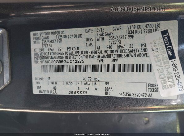 1FMCU0G96GUC12275 2016 FORD ESCAPE Gray ძრავის განყოფილების ხედი