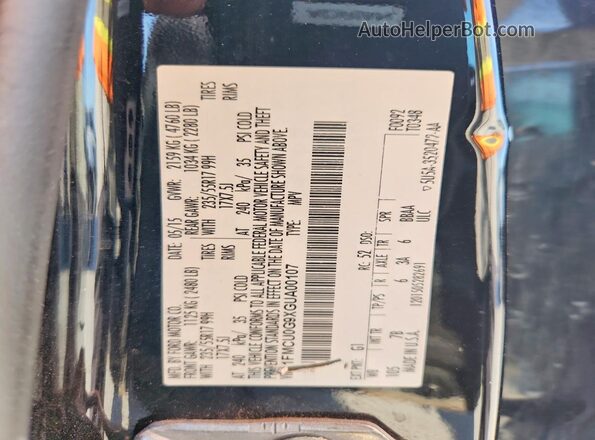 1FMCU0G9XGUA00107 2016 FORD ESCAPE Black VIN კოდის სტიკერის ხედი