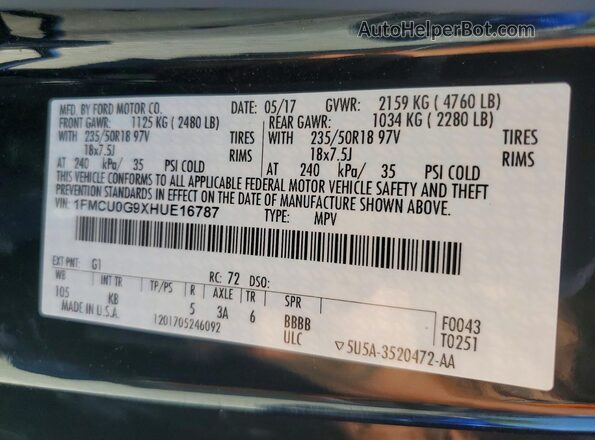 1FMCU0G9XHUE16787 2017 FORD ESCAPE Black VIN sticker view