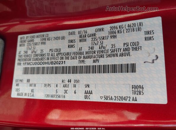 1FMCU0GD0HUB20231 2017 FORD ESCAPE Красный Вид подкапотного пространства