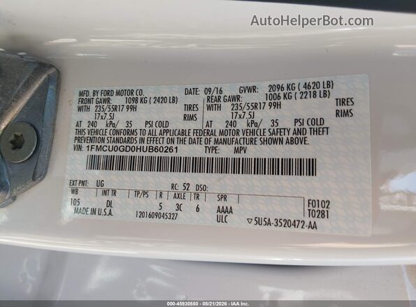1FMCU0GD0HUB60261 2017 FORD ESCAPE White Vista del compartimento del motor