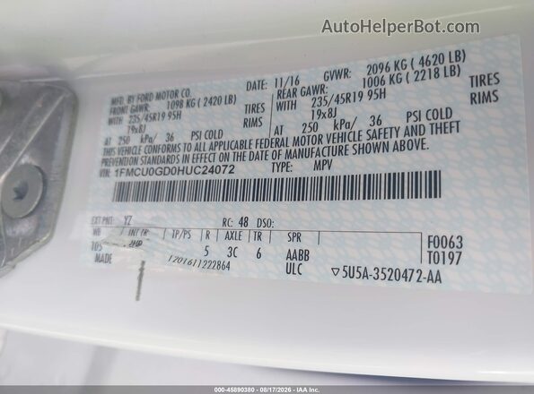 1FMCU0GD0HUC24072 2017 FORD ESCAPE Белый Вид подкапотного пространства