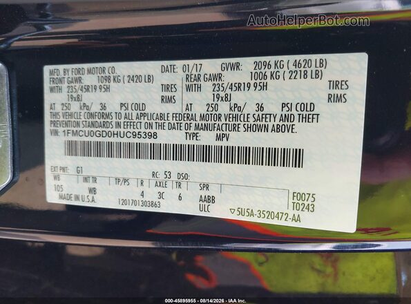 1FMCU0GD0HUC95398 2017 FORD ESCAPE Black Widok komory silnika