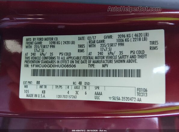 1FMCU0GD0HUD08506 2017 FORD ESCAPE Красный Вид подкапотного пространства