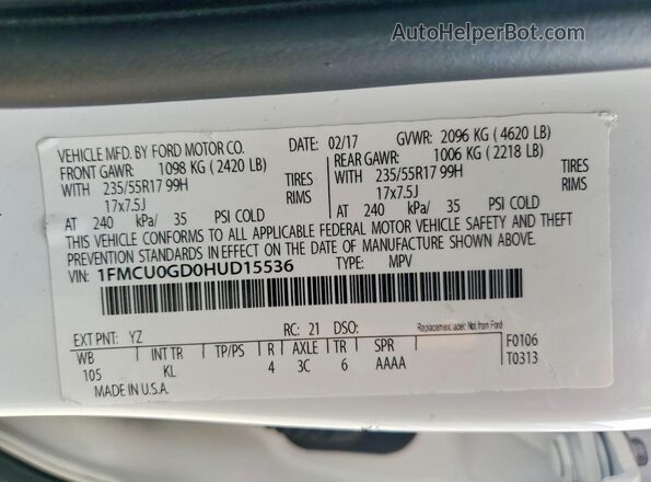 1FMCU0GD0HUD15536 2017 FORD ESCAPE Белый Вид наклейки с VIN-кодом
