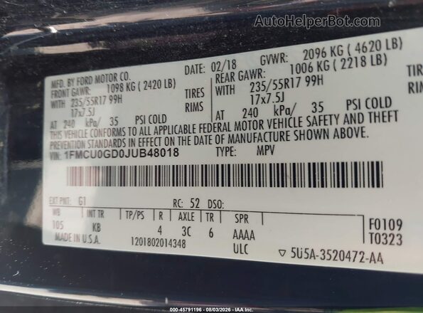 1FMCU0GD0JUB48018 2018 FORD ESCAPE Black Вид підкапотного простору