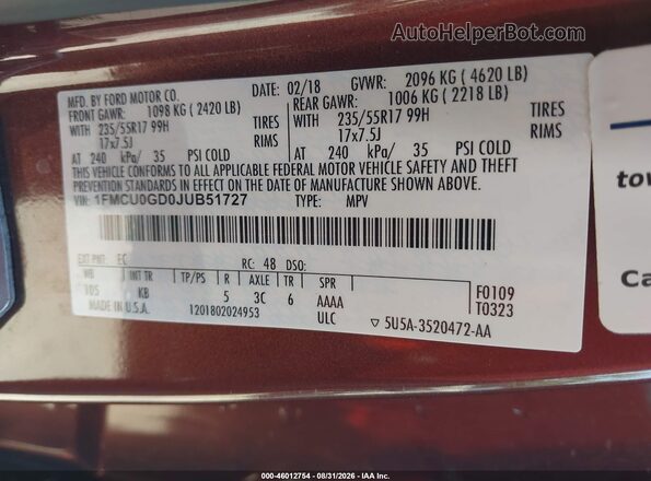 1FMCU0GD0JUB51727 2018 FORD ESCAPE Maroon VIN կոդի պիտակի տեսք