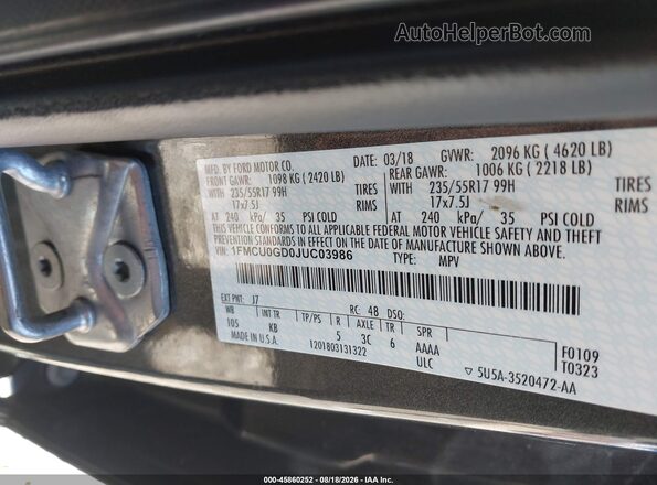 1FMCU0GD0JUC03986 2018 FORD ESCAPE Gray Շարժիչի բաժամունքի տեսք