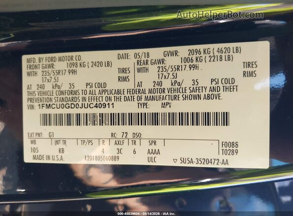 1FMCU0GD0JUC40911 2018 FORD ESCAPE Black Engine compartment view
