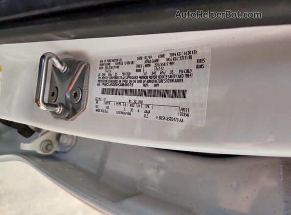 1FMCU0GD0KUB59375 2019 FORD ESCAPE White VIN կոդի պիտակի տեսք