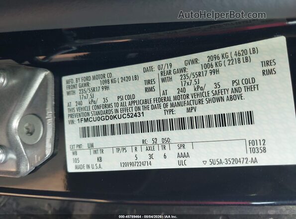 1FMCU0GD0KUC52431 2019 FORD ESCAPE Черный Вид подкапотного пространства