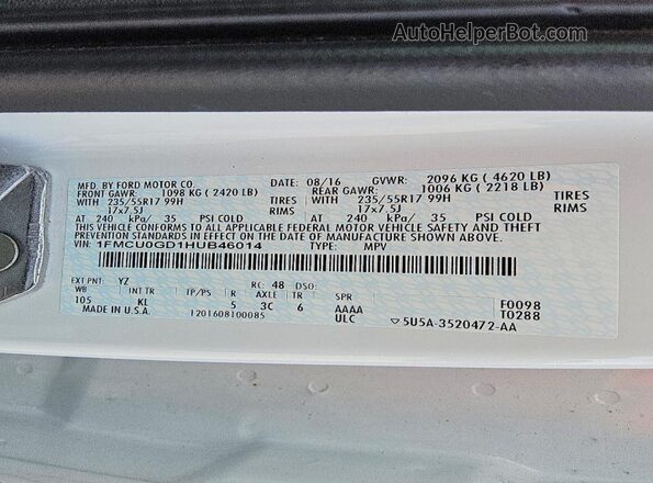 1FMCU0GD1HUB46014 2017 FORD ESCAPE White Շարժիչի բաժամունքի տեսք