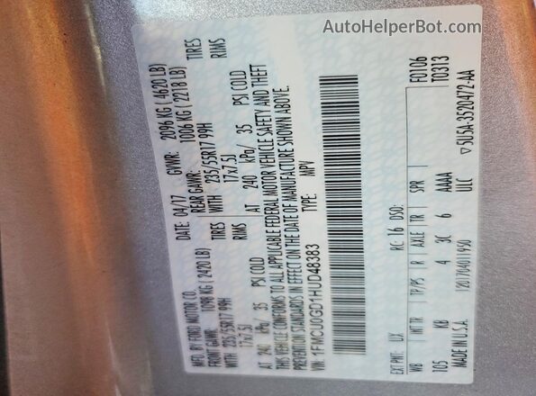 1FMCU0GD1HUD48383 2017 FORD ESCAPE Silver Widok naklejki z numerem VIN