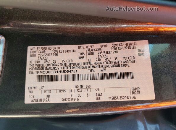 1FMCU0GD1HUD54751 2017 FORD ESCAPE Gray VIN კოდის სტიკერის ხედი