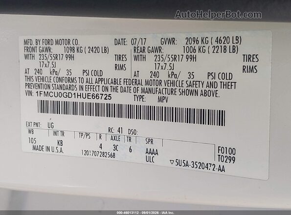 1FMCU0GD1HUE66725 2017 FORD ESCAPE Белый Вид подкапотного пространства