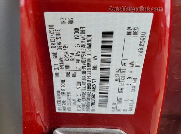 1FMCU0GD1JUB24777 2018 FORD ESCAPE Red Vista de la etiqueta del VIN