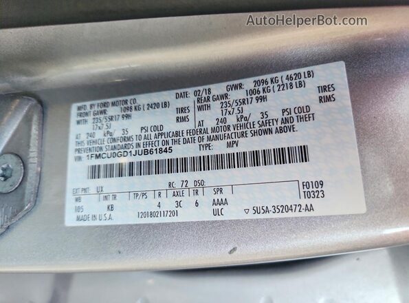 1FMCU0GD1JUB61845 2018 FORD ESCAPE Silver Vista de la etiqueta del VIN