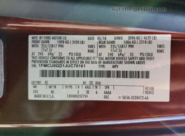 1FMCU0GD1JUC70161 2018 FORD ESCAPE Бордовый Вид наклейки с VIN-кодом